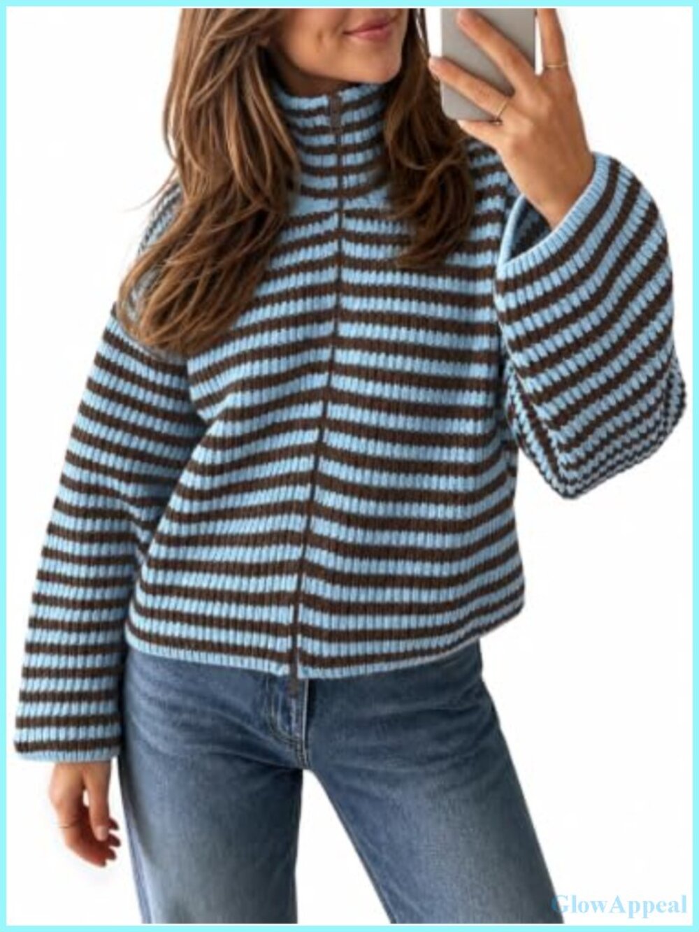 Women's Striped Zip Up Cardigan Mock Neck Long Sleeve Loose Knit Sweater